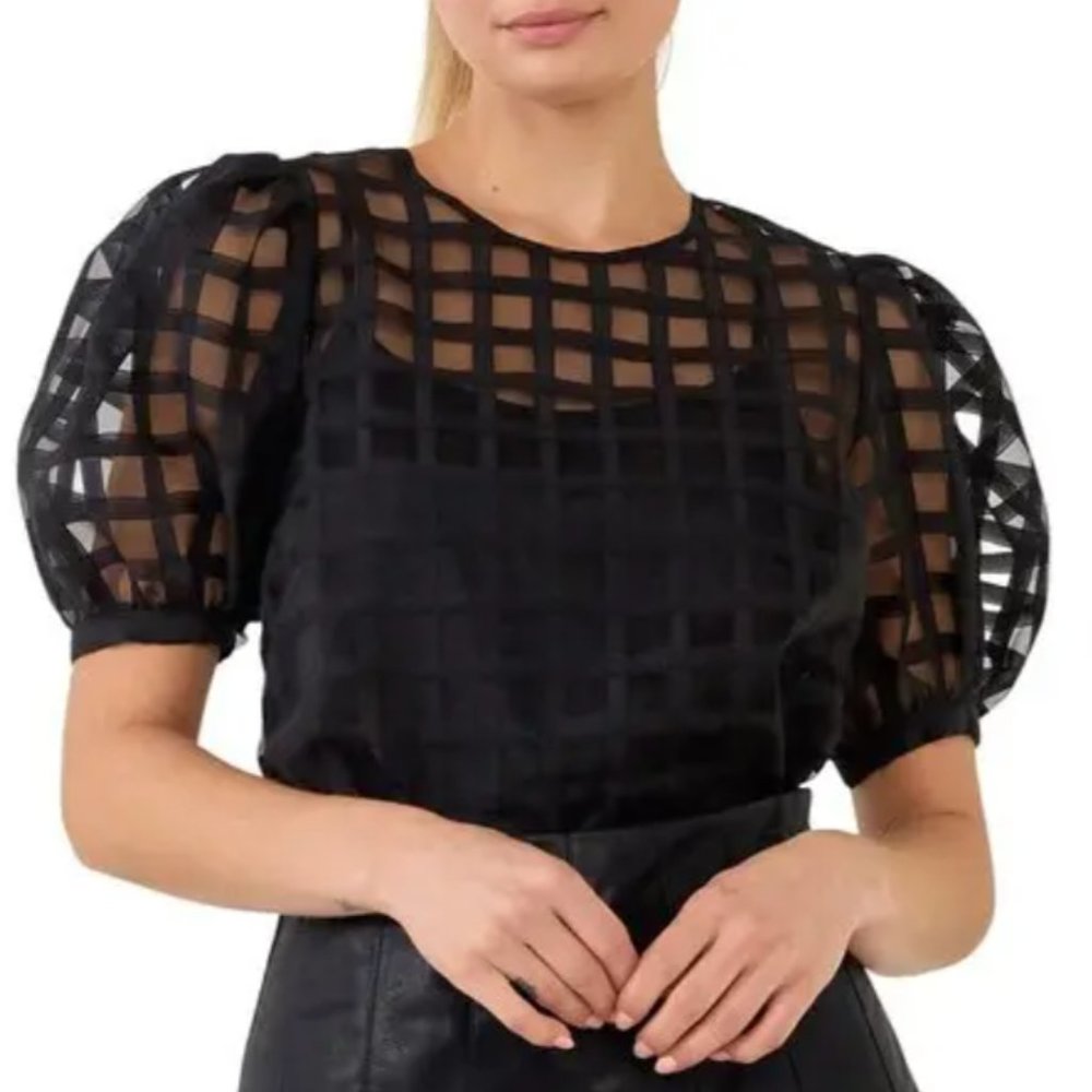 English Factory Organza Check Puff Sleeve Plaid Top (NWT)